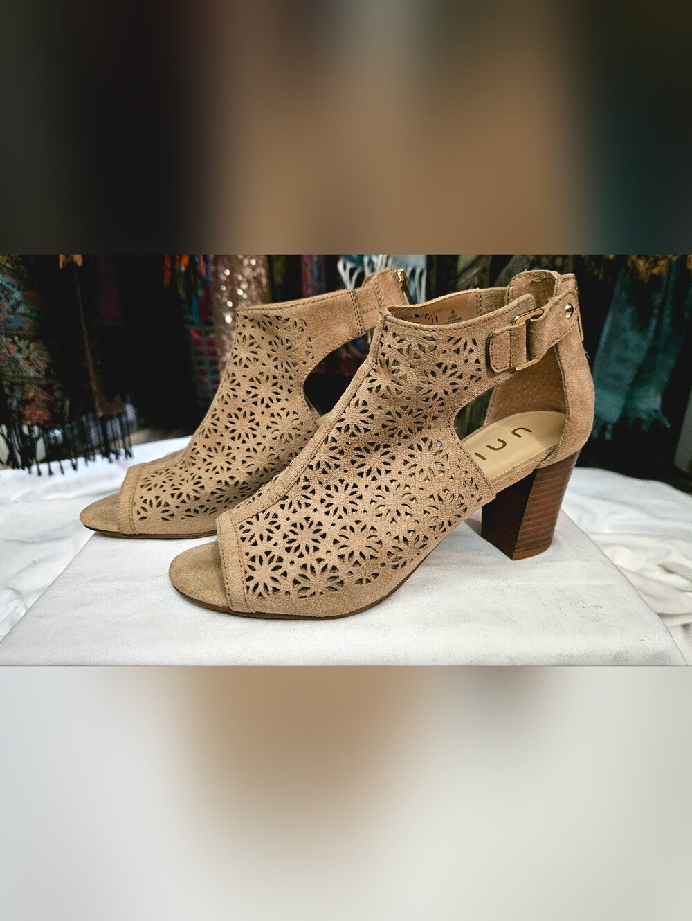 Unisa Size 6 Tan Laser-Cut Open-Toe Block Heel Bootie